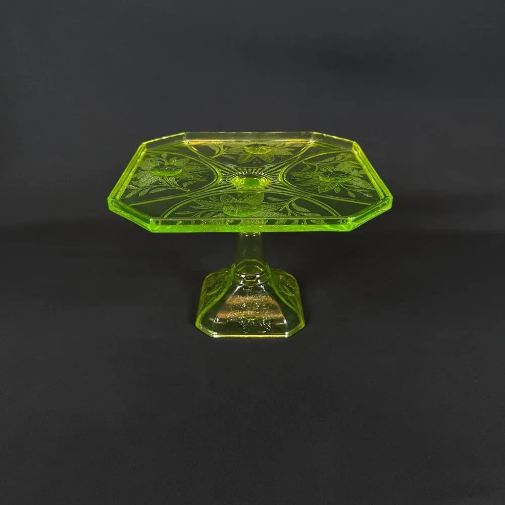 Vintage large vaseline Uranium Glass green Cake Stand flowers Pattern h6